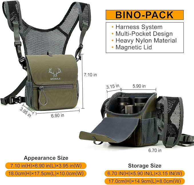 Binocular Harness Chest Pack: Bino Case with Magnetic Lid and Rain Cover for Hunting(Green)