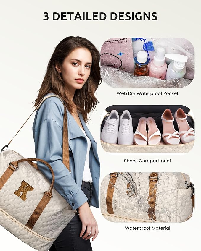 Girls/Kids Initial Duffle Bag with Shoe Compartment, Kids Personalized Travel Bags with Makeup Bag for Women with Trolley Sleeve & Wet Pocket, Gifts for Teenage Girl(Letter E)