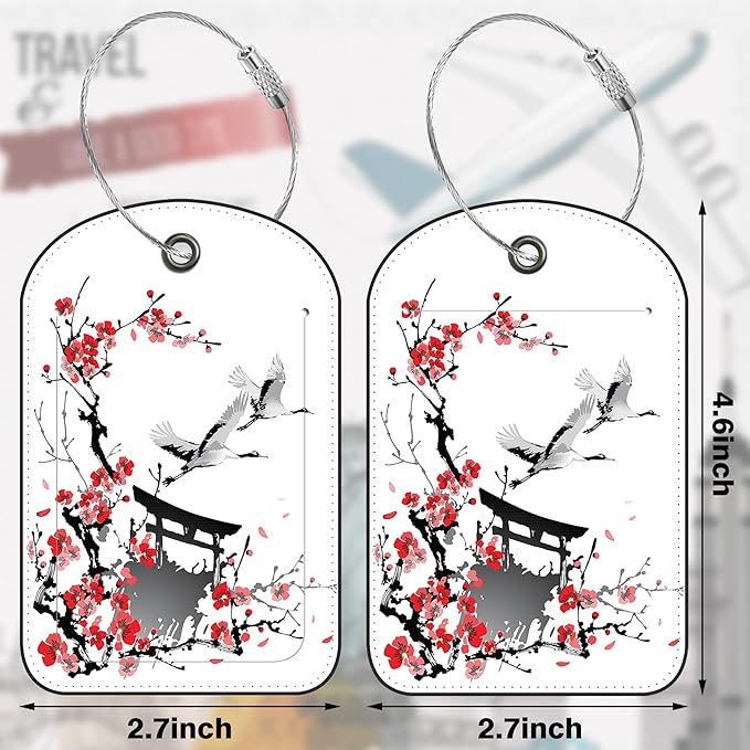 Japanese Cherry Blossoms Storks Leather Luggage Tag for Suitcase 2 Pack Luggage Tag with Privacy Name ID Label and Stainless Steel Loop for Travel Bag Suitcase