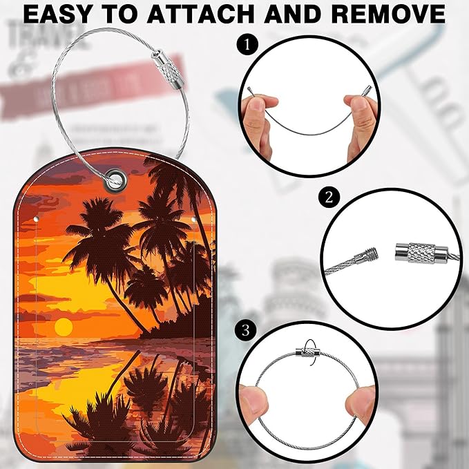 Sunset Beach and Palm Tree Leather Luggage Tag for Suitcase 2 Pack Luggage Tag with Privacy Name ID Label and Stainless Steel Loop for Travel Bag Suitcase