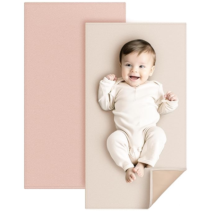 Konssy Faux Leather Baby Changing Mat, Waterproof, Wipeable & Portable Diaper Changing Pad for Travel or Home, Fits Perfectly in Diaper Bag, 32 x 20 inches (Blush,Beige)