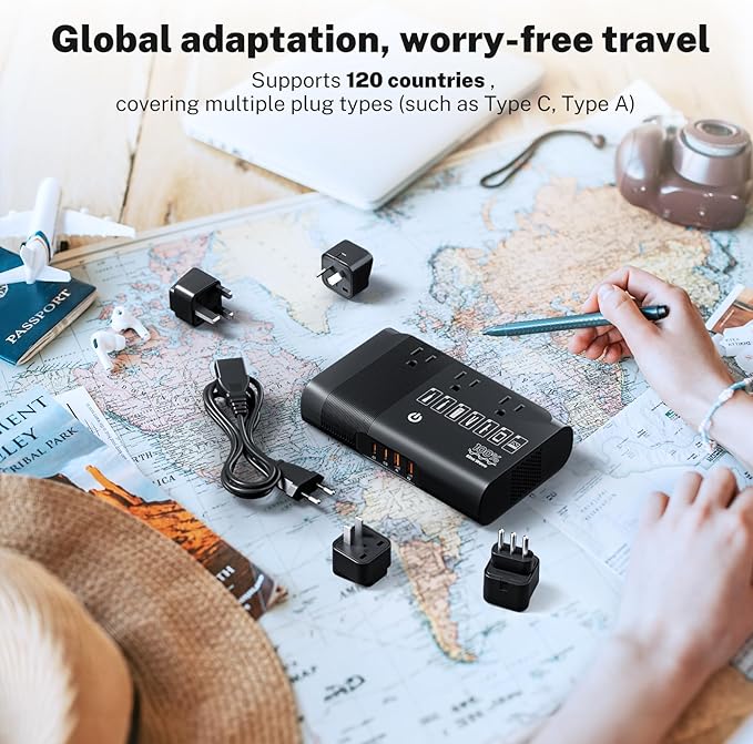 DOACE 500W Pure Sine Wave Voltage Converter, 220V to 110V European Travel Plug Adapter Converter, International Travel Transformer for US to Most Europe，UK, AU, EU, IT with 3 US Outlets & 4 USB, BLACK