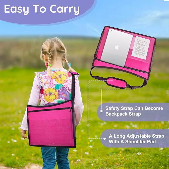 ‎Kids Travel Tray, Kids Travel Trays for Car Seat, Road Trip Essentials for Toddler, Carseat Lap Tray with Dry Erase Board & Storage Organizer for Road Trip Activities for Kid, Pink