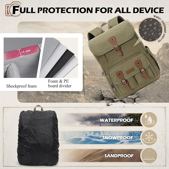 RAINSMORE Camera Bag Backpack for DSLR/SLR Mirrorless 15.6 Inch Laptop Camera Back Pack for Photographers Anti-Theft Photography Bags Case with Tripod Holder & Rain Cover, Green