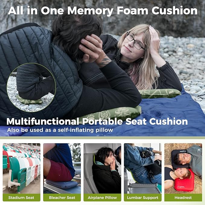 ATEPA Inflatable Stadium Seat Cushion, Self-Inflating Memory Foam Stadium Seats Bleacher Seat Chair Cushion Pad for Airplane Travel Backpacking Sports Events