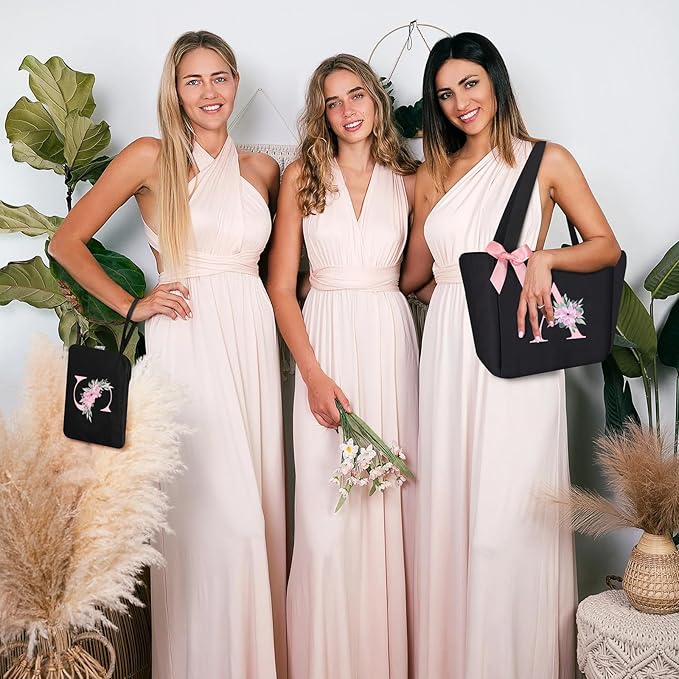 Vavabox Tote Bag, A-Z Initial Monogrammed Waterproof Tote Bag, Bridesmaid Gifts for Women, Black and Pink