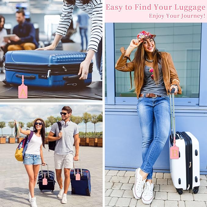Personalized Initial Luggage Tags for Suitcase, Pink Leather Cute Luggage Tags with Privacy Cover Name Card, Embroidered Custom Monogrammed Luggage Tag Travel Bag Baggage Tags Gifts for Women Kids(M)