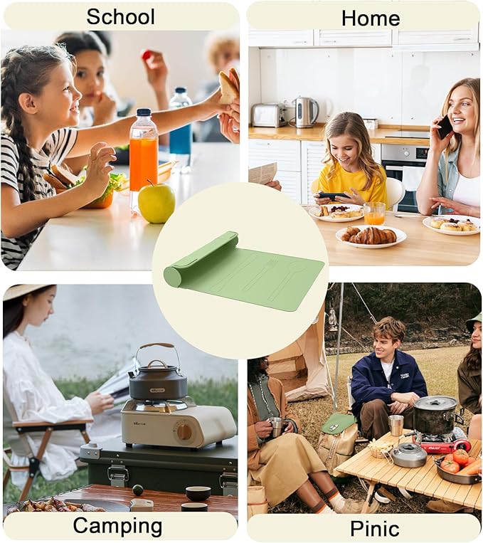 Utensil Box, Tableware Silicone Portable Box Silverware mat, Suitable for Kitchen Utensils, Portable Outdoor Camping Spoon Fork Utensils Storage mat (Green)