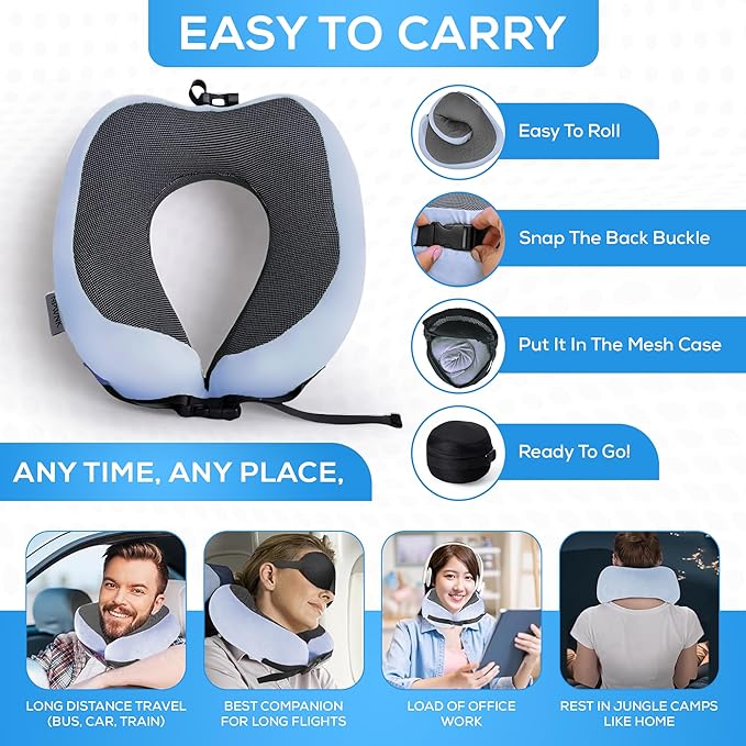 Pure Memory Foam Travel Pillows for Airplanes – Ergonomic Design with Adjustable Fit, Machine Washable, 3D Eye Mask & Compact Plane Pillow for Traveling – Grey & Blue