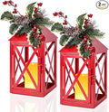 Christmas Lanterns Decorative Outdoor, Waterproof 14.2" Decorative Christmas Red Lantern Indoor Decor Metal Hanging Candle Holder LED Flameless Candle Lantern for Patio, Porch, 2 Packs