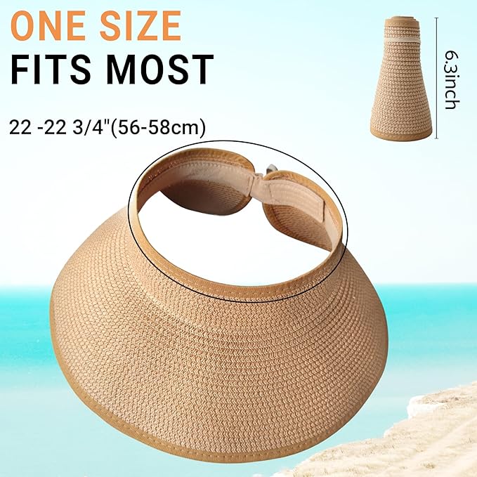 PFFY Sun Hats for Women Straw Beach Hat Packable Foldable Wide Brim Ponytail Travel Visor