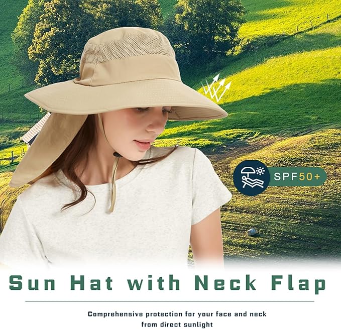 Fishing Hat Breathable Wide Brim Sun Hats with Neck Flap Bucket Hat Outdoor Safari Hat for Men Women UPF 50+ Sun Protection