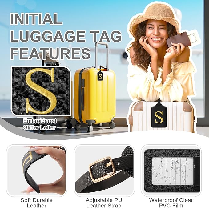 Personalized Initial Luggage Tags for Suitcase TSA Approved, Black Leather Cute Luggage Tag with Privacy Cover Name Card, Embroidered Custom Luggage Tags Travel Backpack Tags Gifts for Women Kids(S)