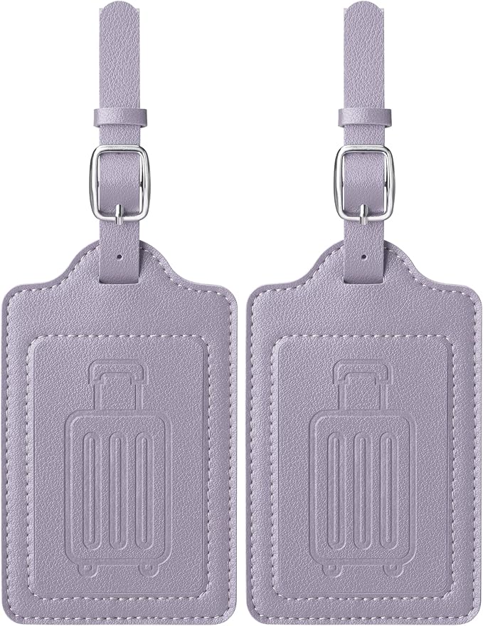 Teskyer Luggage Tags for Suitcases, TSA Approved with Privacy Protection Cover, Premium Faux Leather Bag Tags for Travel - 2 Pack, Purple