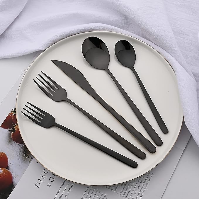 20 Pieces Silverware Set 304 Stainless Steel, Healthy & Eco-Friendly Silver Travel Mirror Polished Black Knife Fork Spoon Salad Fork Dessert Spoon Flatware Set, Service for 4
