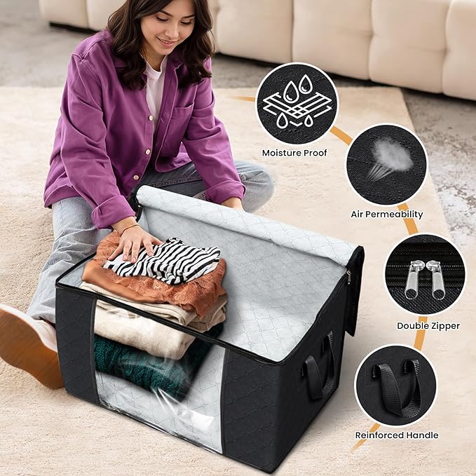 Fab totes 24 Gallons Clothes Storage, Foldable Thick Fabric Blanket Storage Bags, Containers for Organizing Bedroom, Closet, Clothing, Comforter, Organization with Handle (10 Pack,Black)
