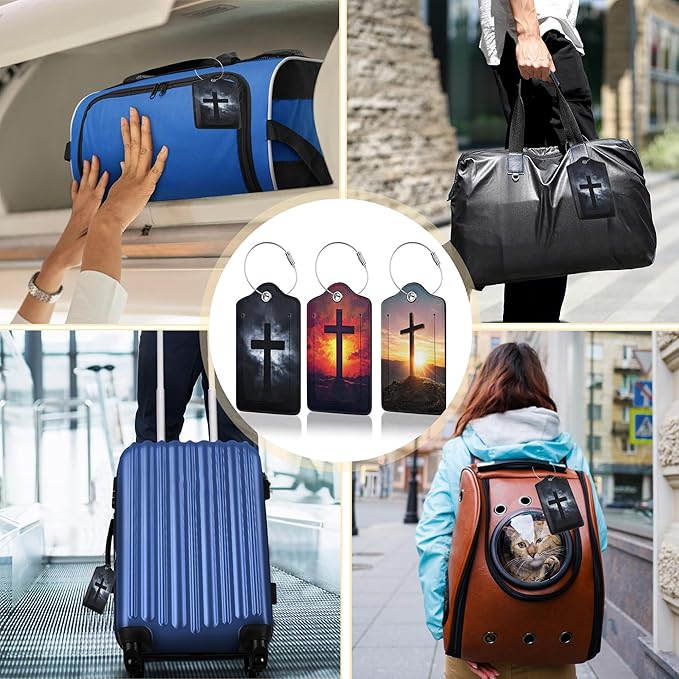 Cross Luggage Tags for Suitcase,3 Pack Luggage Tag Leather Privacy Cover ID Label with Stainless Steel Loop for Women Men
