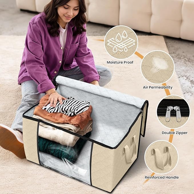 Fab totes 24 Gallons Clothes Storage, Foldable Thick Fabric Blanket Storage Bags, Containers for Organizing Bedroom, Closet, Clothing, Comforter, Organization with Handle (6 Pack,Beige)