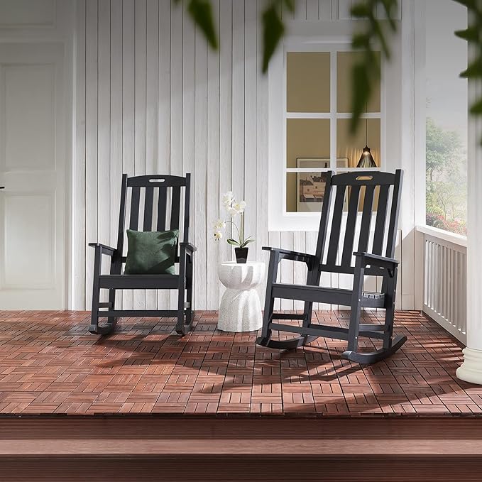 Psilvam Oversized Outdoor Rocking Chair, with 21" Wide Seat and 32" Tall Backrest, Pre-Assembled with Most Components for Effortless Installation (Carbon Black)