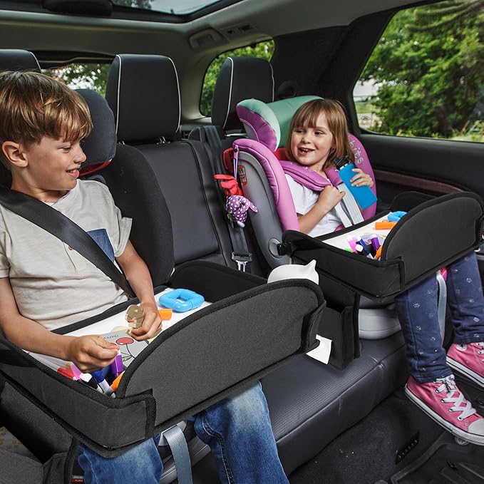 Kids Travel Tray for Toddler Car Seat, Lap Tray for Girl Activities with Dry Erase Board & Cooler Cup Holder, Road Trip Essentials Accessories with No-Drop Large Tablet iPad Holder Stand,2Pc Black