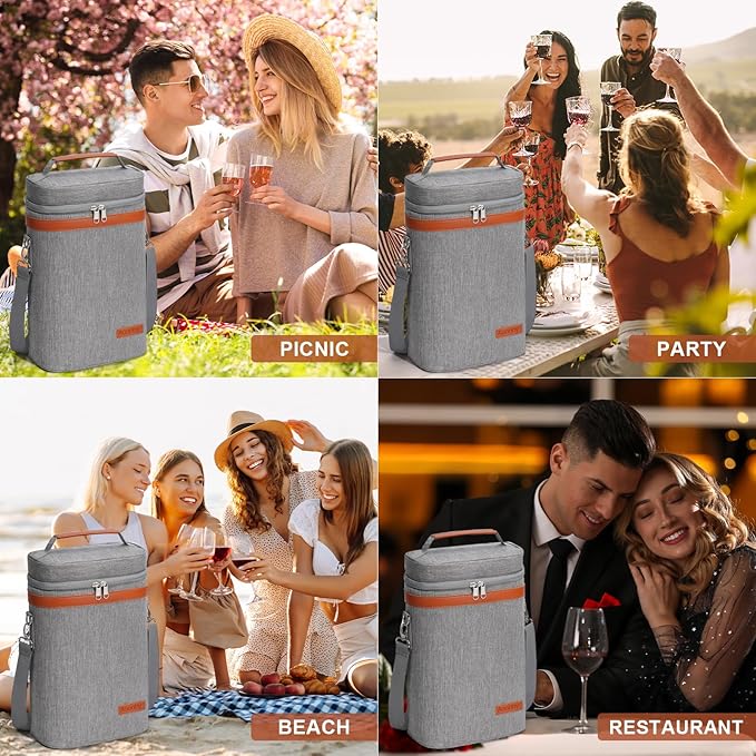 2 Bottle Wine Bag Wine Cooler Carrier Wine Gift Tote Bag, Leakproof & Insulated Bottle Bags for Travel, BYOB, Beach, Dinner, Party, Christmas Gifts for Wines Lovers Women Men - Gray