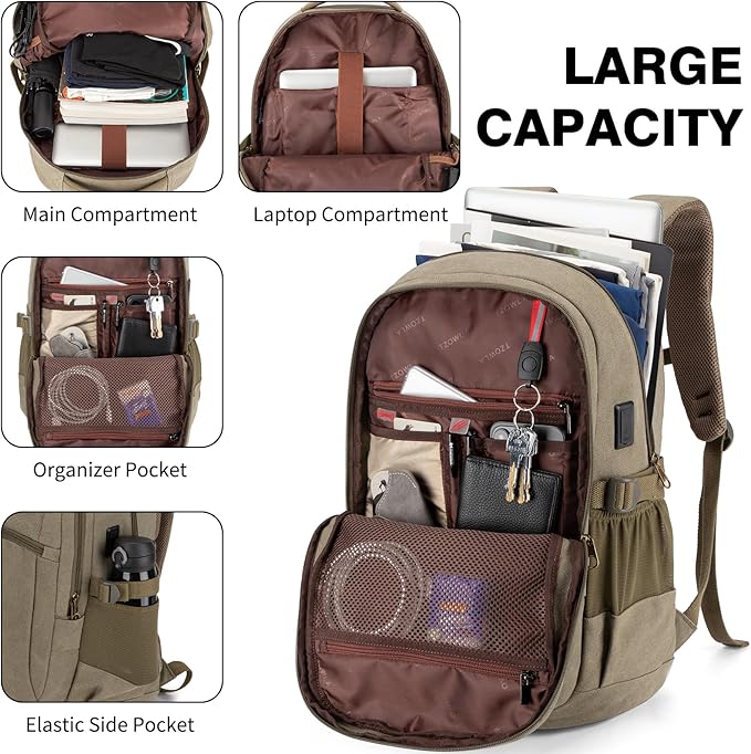 Tzowla Vintage Canvas Laptop Backpack for Men and Women,College Travel Work Rucksack with USB/Type-C Charging Port,Lightweight Bookbag Hiking Casual Daypack Backpacks Fit 15.6" Laptop(Olive Green)