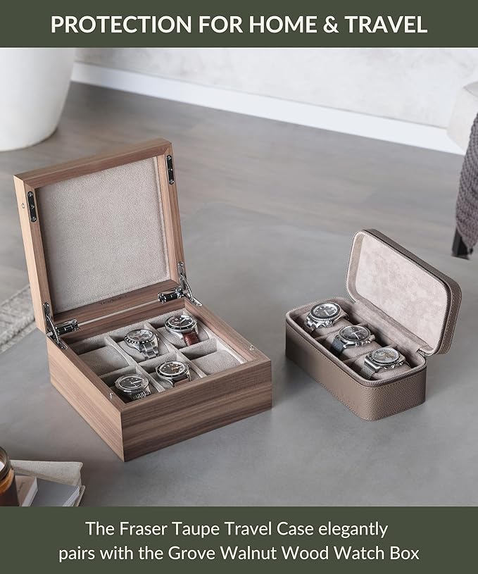 TAWBURY Luxury Leather Watch Box - Unisex Travel Case With Zipper Closure | Taupe Top-Grain Genuine Leather Roll | 3 Watch Carrying Case for Men