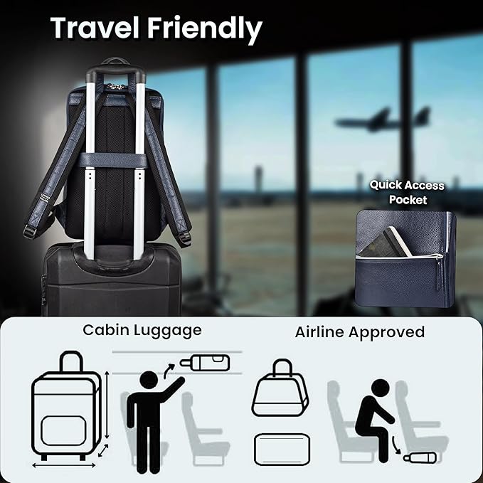 LEATHER VILLAGE Leather Laptop Backpack for Men |Blue | Slim Professional Business Bag Fits 15.6”-Laptop | Water-Repellent Work & Travel Daypack with Trolley Strap