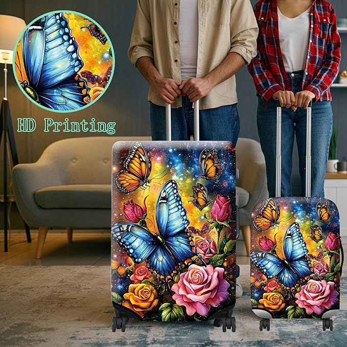 Luggage Cover Suitcase Protector + Tag, Colorful Rose Butterfly Travel Cover for 29-30 inch Luggage (XL) with Concealed Zipper, Washable Elastic Cloth, Dustproof, Anti-Scratch