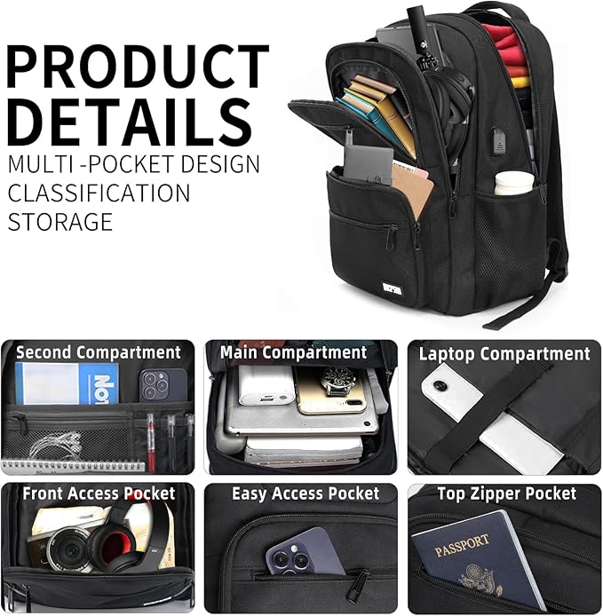 Black Backpack for Men Women, 15.6 inch Laptop Backpack for School, School Backpack for Boys Girls Teens, College Book Bag with USB Port, Water Resistant Bookbag, Business Work Travel