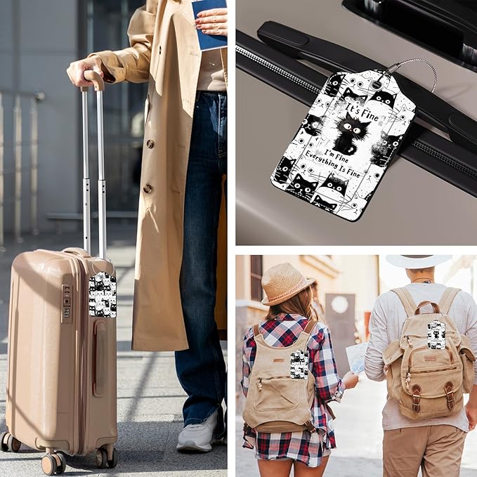 2 Pcs Funny Cat Luggage Tags for Suitcase, Leather Luggage Tags Cute, Privacy Cover ID Label with Stainless Steel Loop & Address Card, Cute Cat Travel Bag Tag Luggage Accessories for Suitcases