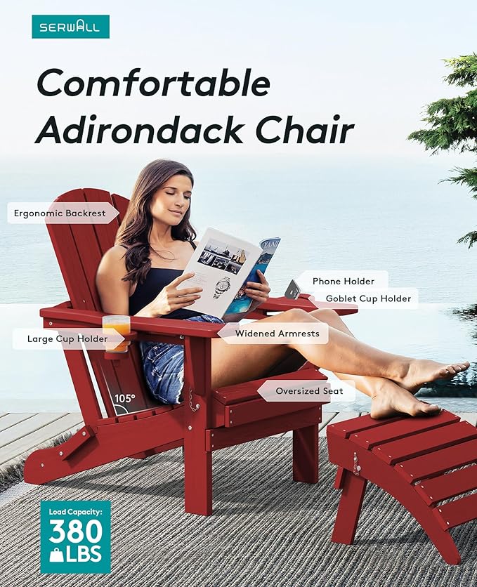 SERWALL Adirondack Chair with Cup Holders - Composite Adirondack Chairs HDPE Outdoor Chairs All Weather Use- Dark Red