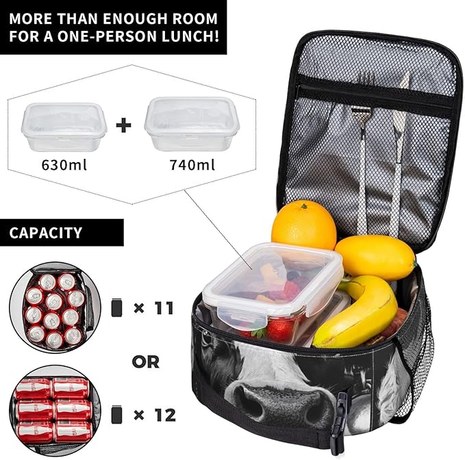 Cow Insulated Lunch Box for Women Men Cow Lunch Bag for Travel,or Fishing Polyester