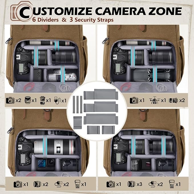 RAINSMORE Camera Bag Backpack for DSLR/SLR Mirrorless 15.6 Inch Laptop Camera Back Pack for Photographers Anti-Theft Photography Bags Case with Tripod Holder & Rain Cover, Khaki
