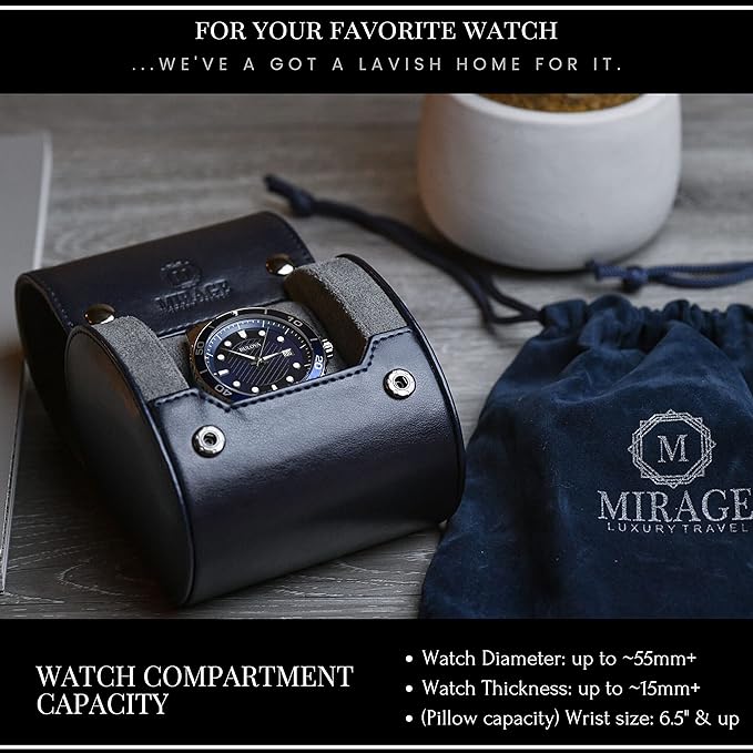 Single Watch Case - 1 Watch Travel Case Holder - Midnight Blue Swiss Motif Vegan Leather