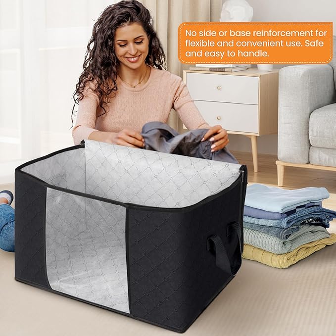 Fab totes 24 Gallons Clothes Storage, Foldable Thick Fabric Blanket Storage Bags, Containers for Organizing Bedroom, Closet, Clothing, Comforter, Organization with Handle (10 Pack,Black)