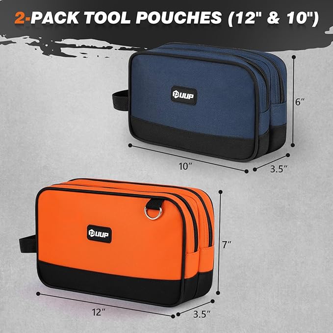 Small Tool Bag 2 Pack, Zipper Tool Pouch Two Compartments, 10 12 inch Utility ToolBag with Carrying Handle, Toolbox Storage Organizer for Electrician Mechanic, Gift for Men Dad, Orange/Blue