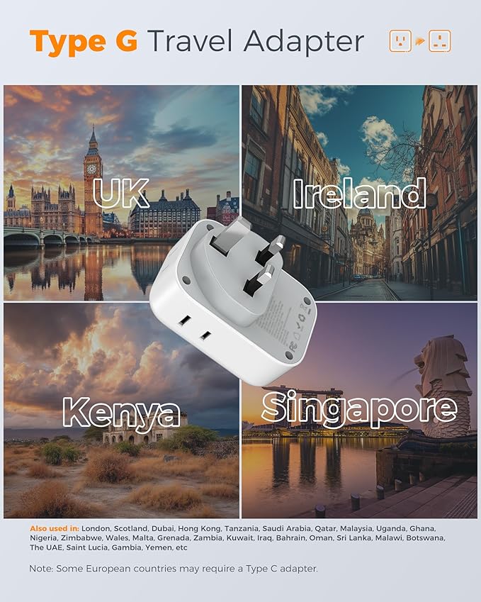 UK Adapters for Travel 2 Pack, TESSAN Type G US to UK Plug Adapter with 4 Outlets 3 USB Charger(1 USB C Port), Power Adaptor for USA to Ireland Scotland Dubai Hong Kong England British Kenya London