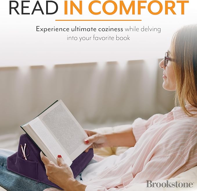 Brookstone, Memory Foam Lap Desk Tablet Holder, Holds Phones, iPads, E-Book Readers, 2 Viewing Angles, 2 Side Pockets for Accessories, Book Holder Cushion, Perfect Home, Car Travel Flights, Purple