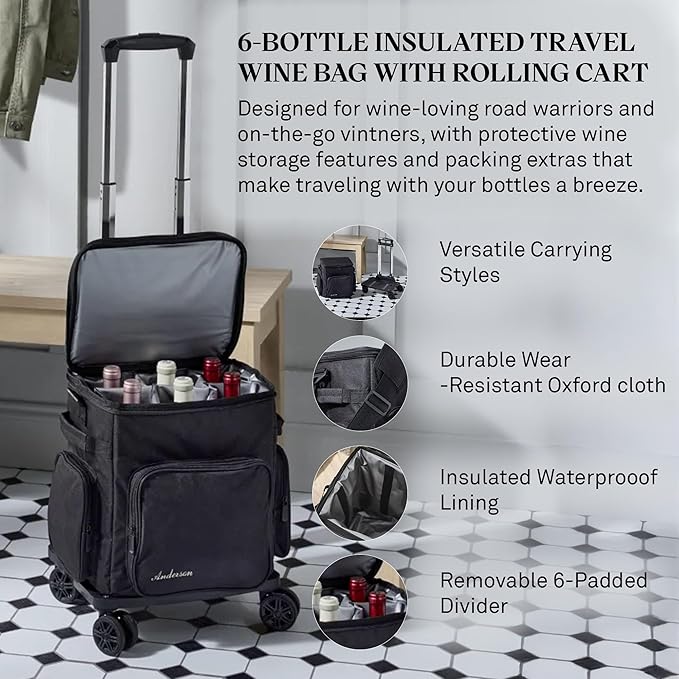 Wine Enthusiast 6 Bottle Insulated Wine Bag with Rolling Cart - Waterproof Oxford Cloth Wine Travel Tote with Shoulder Strap, USB Port, Pockets - Folding Trolley for Wine Transport - Fridge Bag