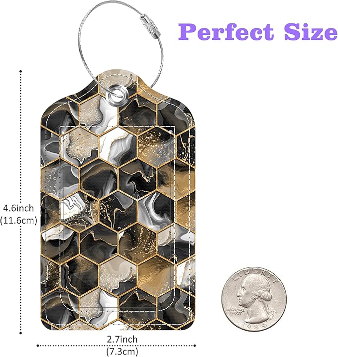 Gold Ink Hexagon Texture Luggage Tags 2PCS PU Leather Suitcases Tag with Stainless Steel Loop and Privacy Name Address Cover Label Card for Women Men Travel