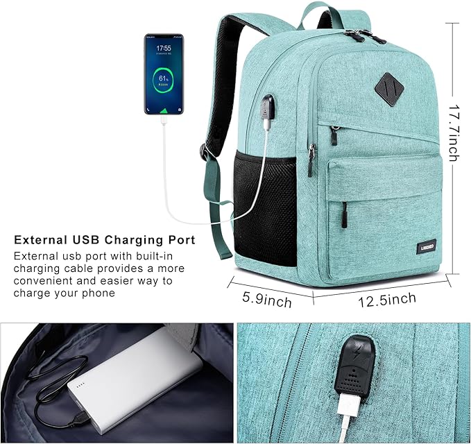 School Backpack for Teen Girls and Boys, Bookbag for College with USB Charging Port, 15.6 Inch Laptop Bag Middle School Back Pack, Teal