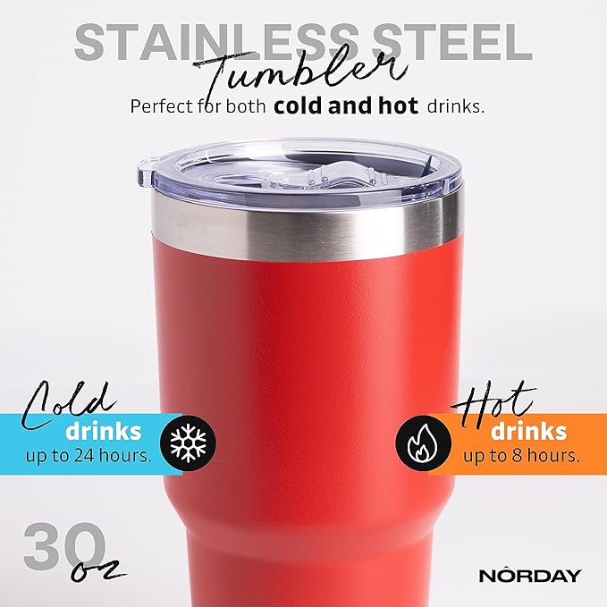 NORDAY | Tumbler with Lid - 30oz - Red Insulated Tumbler - Stainless Steel Tumblers - Double Wall Vacuum Insulated Travel Coffee Mug for Car Cup Holder - Keeps Temperature for 24hr - Anti Spill Lid
