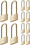 Weather Proof Lock, Keyed Alike Solid Brass Padlocks with Long Brass Shackle, Light Duty, 1-1/2" Wide Body, Marine Padlock, Anti Rust Lock, 12 Pack