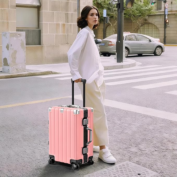 Krute Checked Aluminum Frame Suitcase 24 Inch Zipperless Luggages Hardside PC Luggage With Spinner Wheels TSA Lock USB Charger Suitcases(1 Piece)