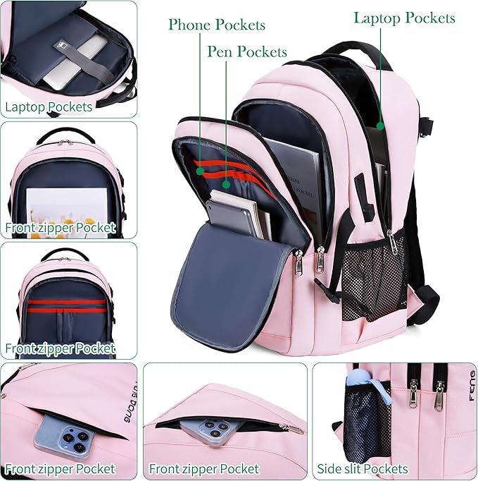 FENGDONG Large Laptop Backpack 17.3 inch Waterproof Travel College Backpack Bookbag,Crossbody Sling Bags for Men & Women Business Backpack Light Pink