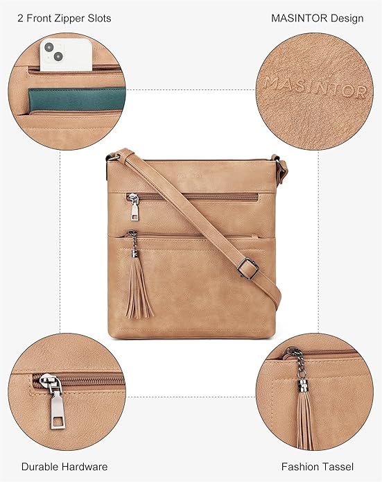 MASINTOR Crossbody Purses for Women, Multi Pocket Casual Crossbody Bag, Adjustable Strap Shoulder Bag with Tassel
