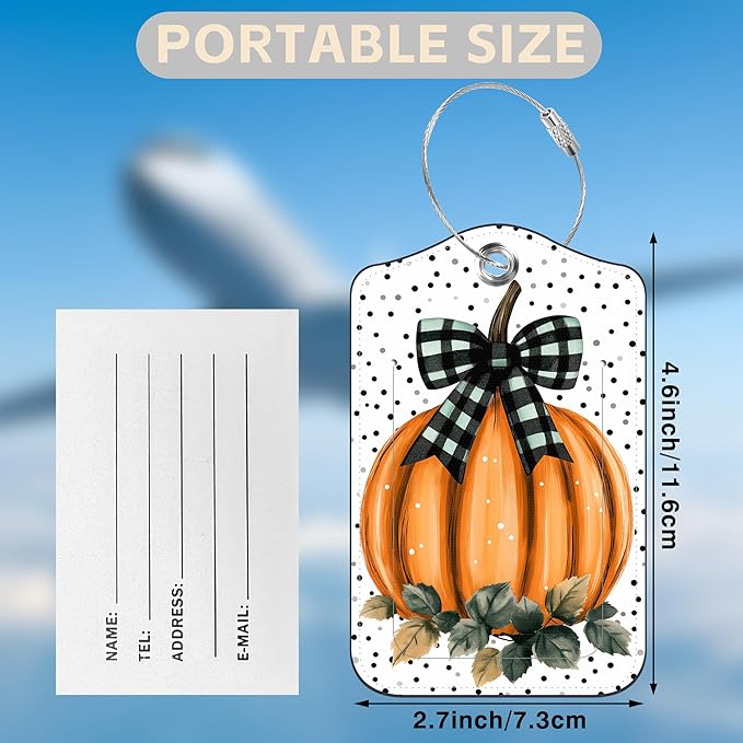 Pumpkin with Checkered Bow Set of 2 Luggage Tags for Suitcases Black Polka Dot Leather Suitcase Tags Identifiers with Privacy Name Label and Stainless Steel Loop for Women Travel Luggage Accessories