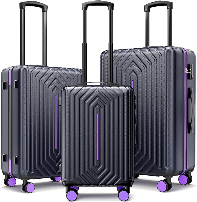 Luggage Sets 3 Piece, Carry On and Checked Hardside Lightweight Suitcase with Spinner Wheels and TSA Lock (20/24/28 inch), Purple