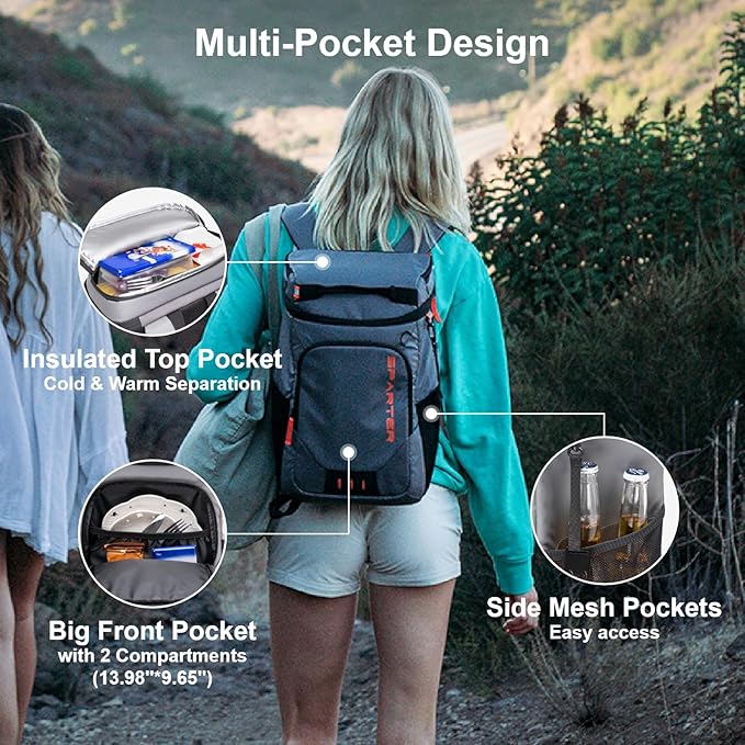 SPARTER Backpack Cooler Insulated Leak Proof 33/49 Cans, 2 Insulated Compartments Thermal Bag, Portable Lightweight Beach Travel Camping Lunch Backpack for Men and Women